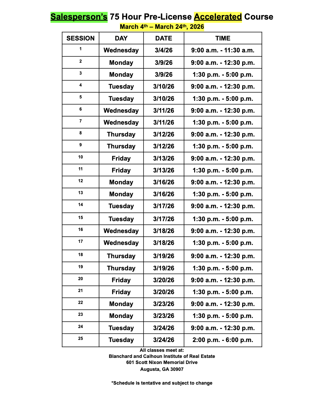 March 2026 Accelerated Salesperson Pre-license Course Schedule.1